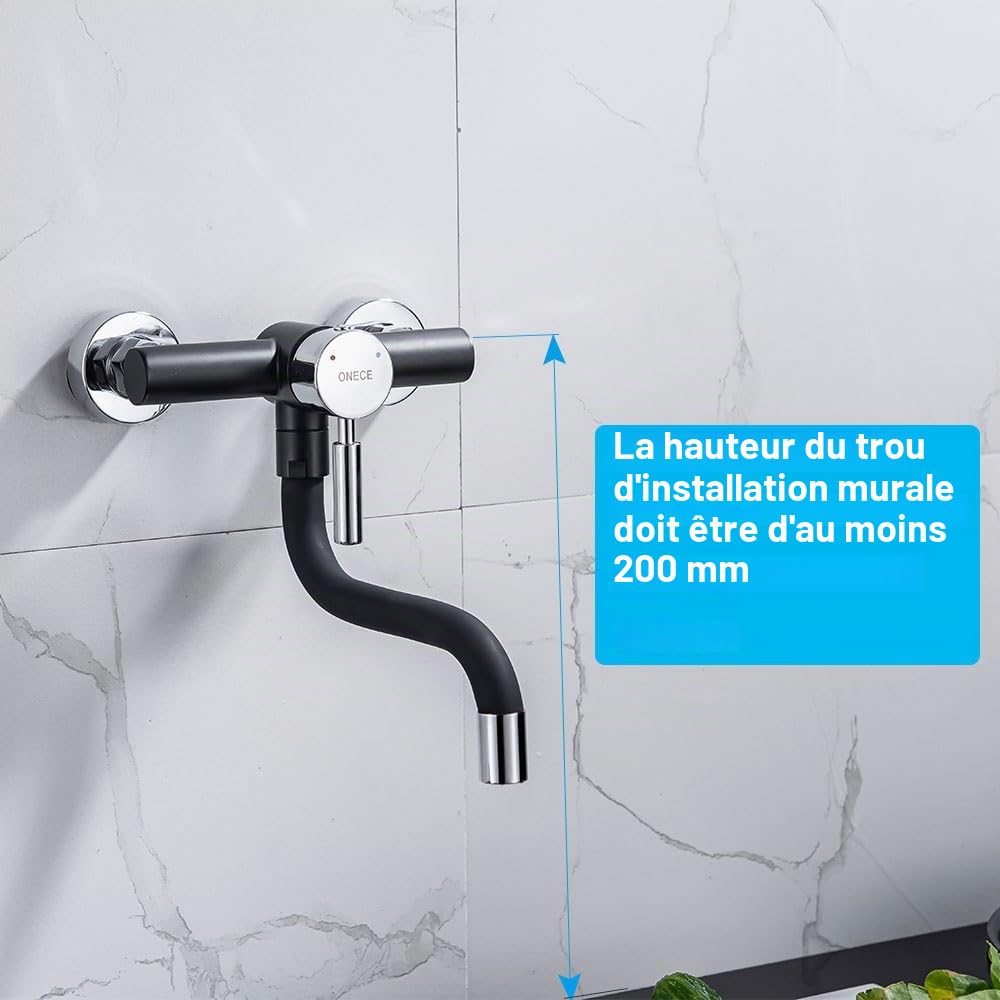 ONECE Robinet de Cuisine Mural Noir, Mitigeur Evier Pivotant à 360°