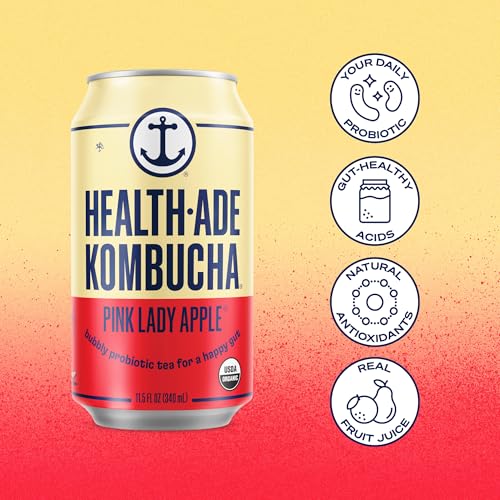Health-Ade Pink Lady Apple® Kombucha, Organic Drink, 12-Pack (11.5 Fl Oz Cans) - Fermented Tea with Probiotics, Non-GMO, Vegan, Gluten-Free