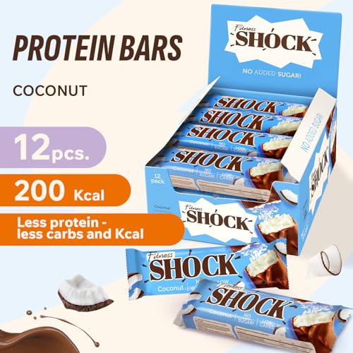 Fitnesshock Protein Bar 12-Pack no added sugar, low carb (3.5g), rich in fibre, low calories, 12pcs Fitness chocolate protein bar, no flour and palm oil, 12x50g coconut flavor - Image 3