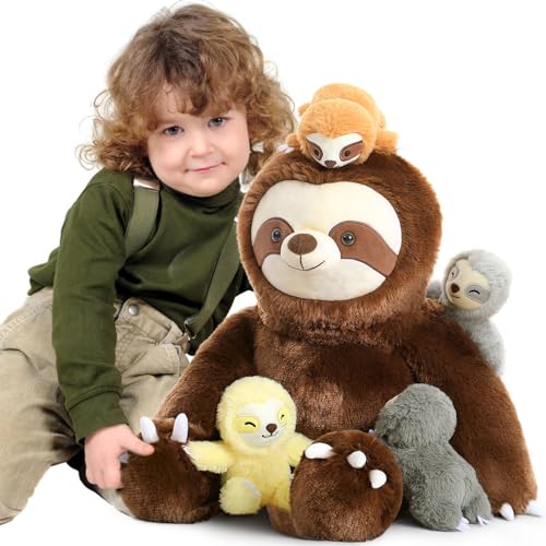 MorisMos Faultier riesen Kuscheltier XXL,60cm Sloth sitzende Faultier Stofftier Plüschtier mit 4 Baby im Bauch, Geburtstag Geschenk für Kinder Jungen