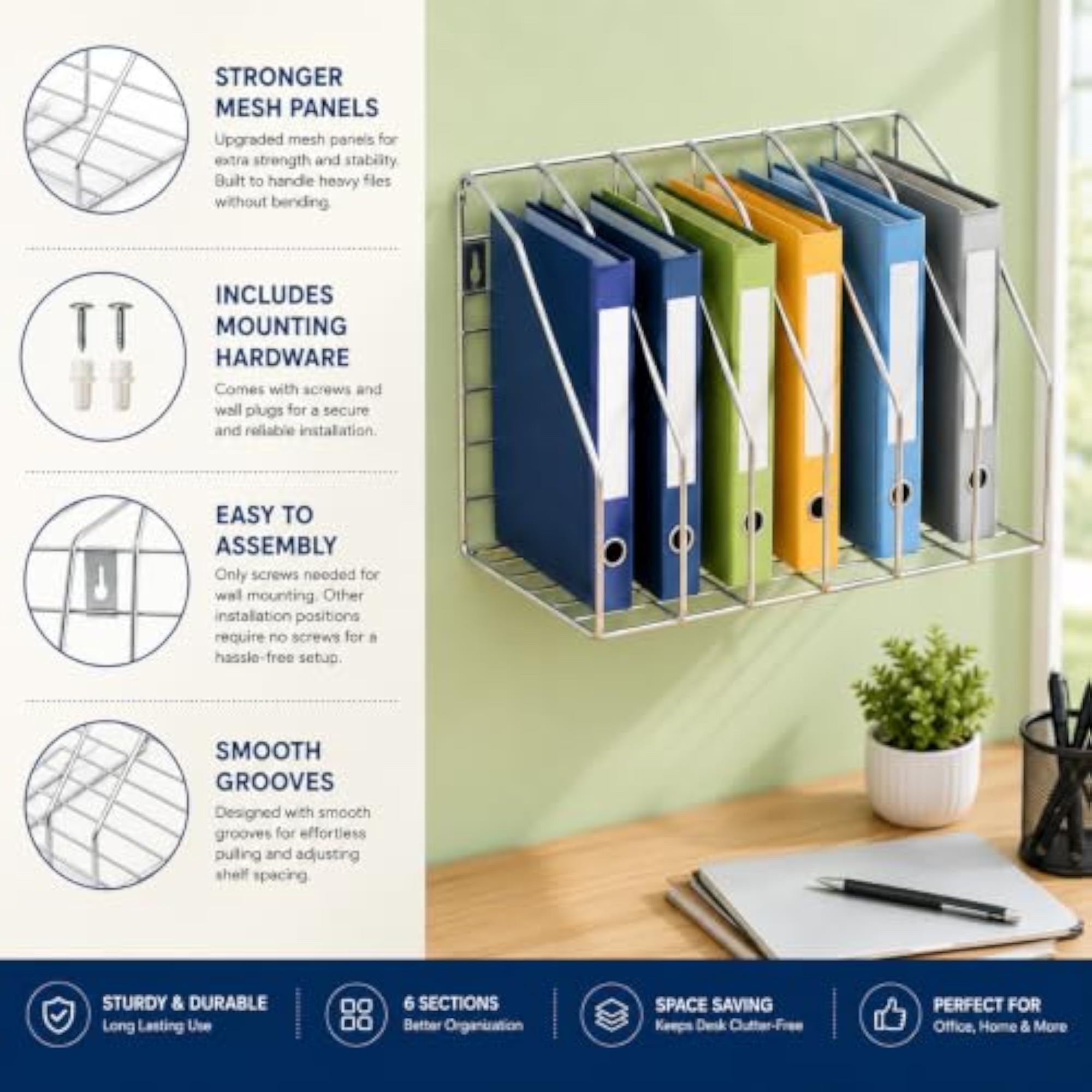 Wall Mounted File Folder Rack, 6 Section, Chrome Wire