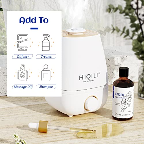 Hiqili Pure Ginger Essential Oil For Lymphatic Drainage Massage, Swelling Pain, Skin, Hair, Diffuser,Large Bottle With Dropper & Gift Box-100Ml #TOP3