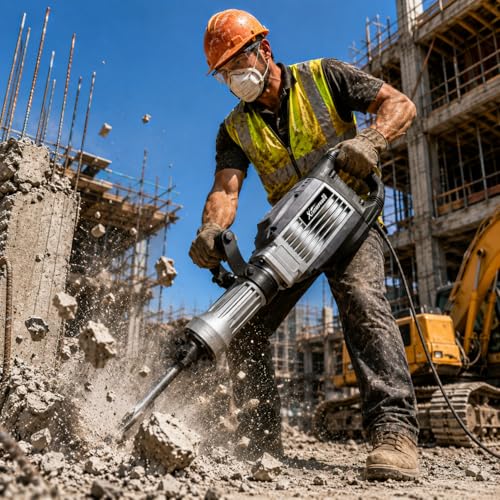 Image of XtremepowerUS 3600W Demolition Jack Hammer Concrete Breaker, 15 Amp Electric Jackhammer, 30mm Hex Shank, 50J Impact Energy, 1400 BPM, AVC System, 360 Side Handle, Flat & Point Chisels Included