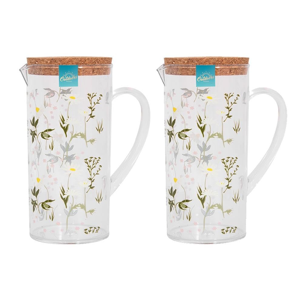 YöL Pack of 2 1.1L Drinks Pitcher Jug Daisy Print Plastic Summer Picnic Outdoor Dining BBQ Pouring Spout Cork Lid