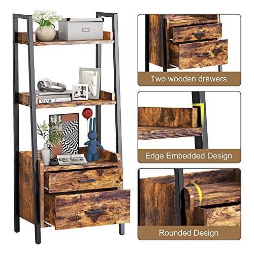 Fabato 3-Tier Ladder Shelf Bookcase With 2 Drawer Organizer Display Shelves Freestanding Bookshelf With Metal Frame For Living Room Office Kitchen Rustic Brown #TOP3