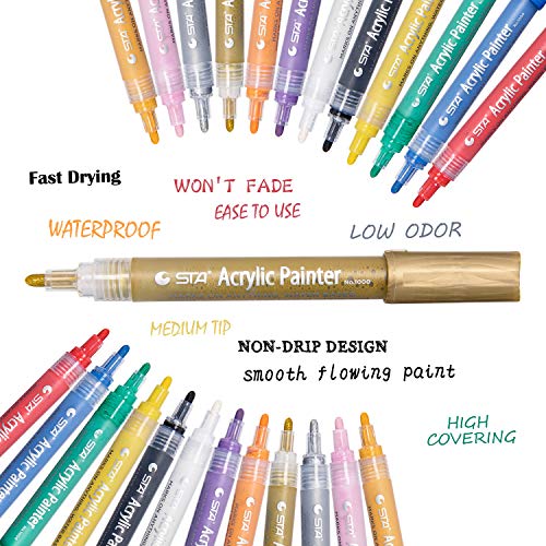 STA Acrylic Paint Pens Marker Pens for Rock Painting, Glass, Porcelain, Mug, Wood, Fabric, Canvas, DIY Craft Projects with Extra-fine Medium-Tip (12 Colors) - Thumbnail 2