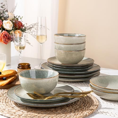 Image of GBHOME Dinnerware Sets For 6, 24Pcs Stoneware Plates and Double Bowls Sets, Dishwasher&Microwave Safe