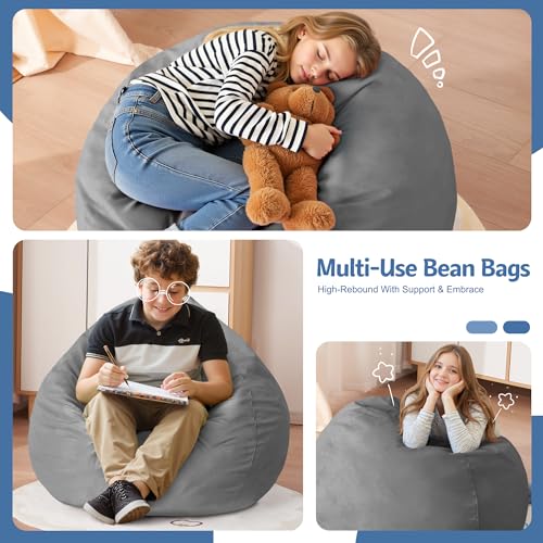 Homguava 2FT Bean Bag Chair: 2' Bean Bags with Memory Foam Filled,Comfy Beanbag Chairs Round Bean Bag Sofa with Dutch Velvet Cover-Light Grey