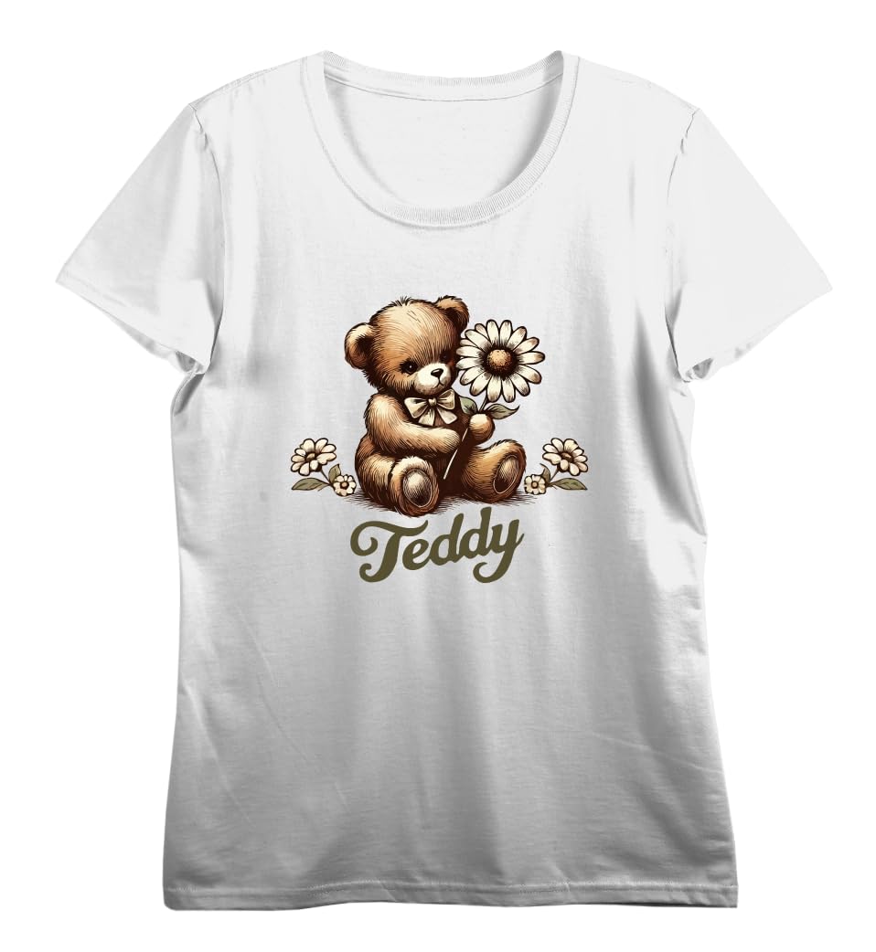 Teddy Bear with Daisy Women's Vivid White Crew Neck Short Sleeve Crop Tee-Medium