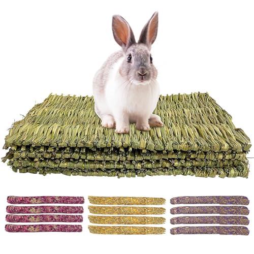 HTRTRR Lot de 4 tapetes de erva de coelho tecidos à mão, brinquedos naturais comestíveis para mastigar, tapetes para mastigar de tecido natural, para animais pequenos, palitos de argila para