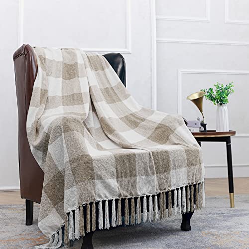 Beige White Buffalo Plaid Decor Blanket, Lightweight Soft Chenille Check Knitted Rustic Farmhouse Throw With Tassels For Couch Sofa Chair Bed Office Home, Tan And Ivory, 50" X 60" #TOP2