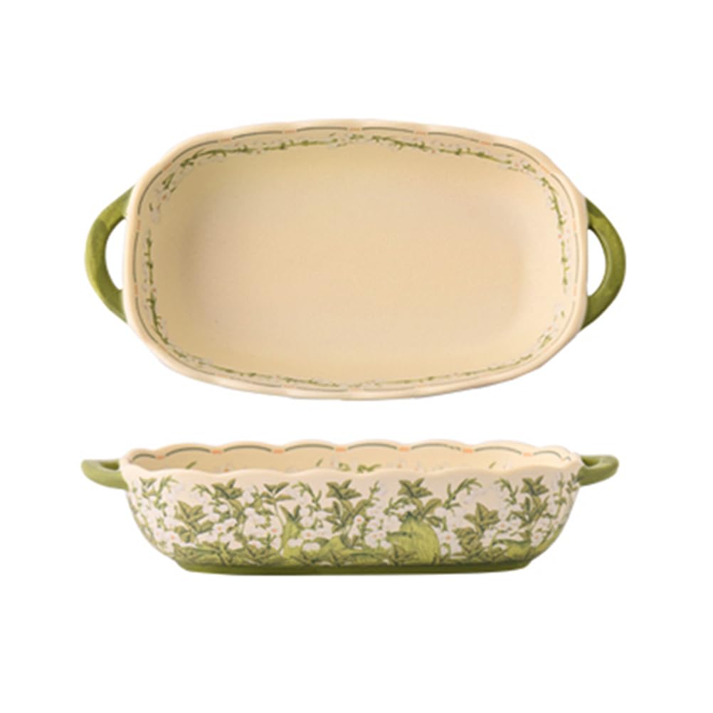 Dxcaicc Lasagne Dish Ceramics Beautiful Lily of The Valley Flowers Pattern Fresh And Elegant Green Happy Rectangular Double Handle Baked Rice Baking Tray