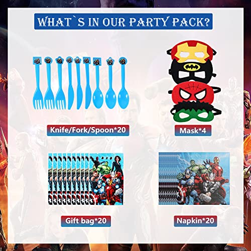 Superhero Movies Party Supplies For 20 Kids, Includes Banner, Balloons, Foil Balloons, Cake Topper, Cupcake Toppers, Plates, Napkins, Tablecloth, Gift Bags, Knifes, Forks, Spoons, Masks, Perfect For Hero Theme Party Decorations #TOP2
