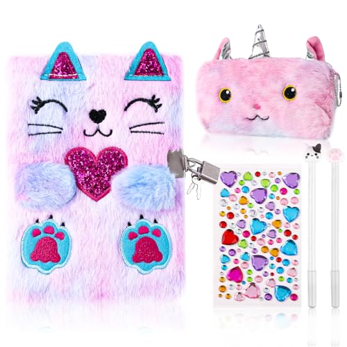 DHQH Cat Diary with Lock Gift for 6 7 8 9 10 11 12 Year Old Girl,Secret Journal Notebook Diary for Kids Christmas Gift Set