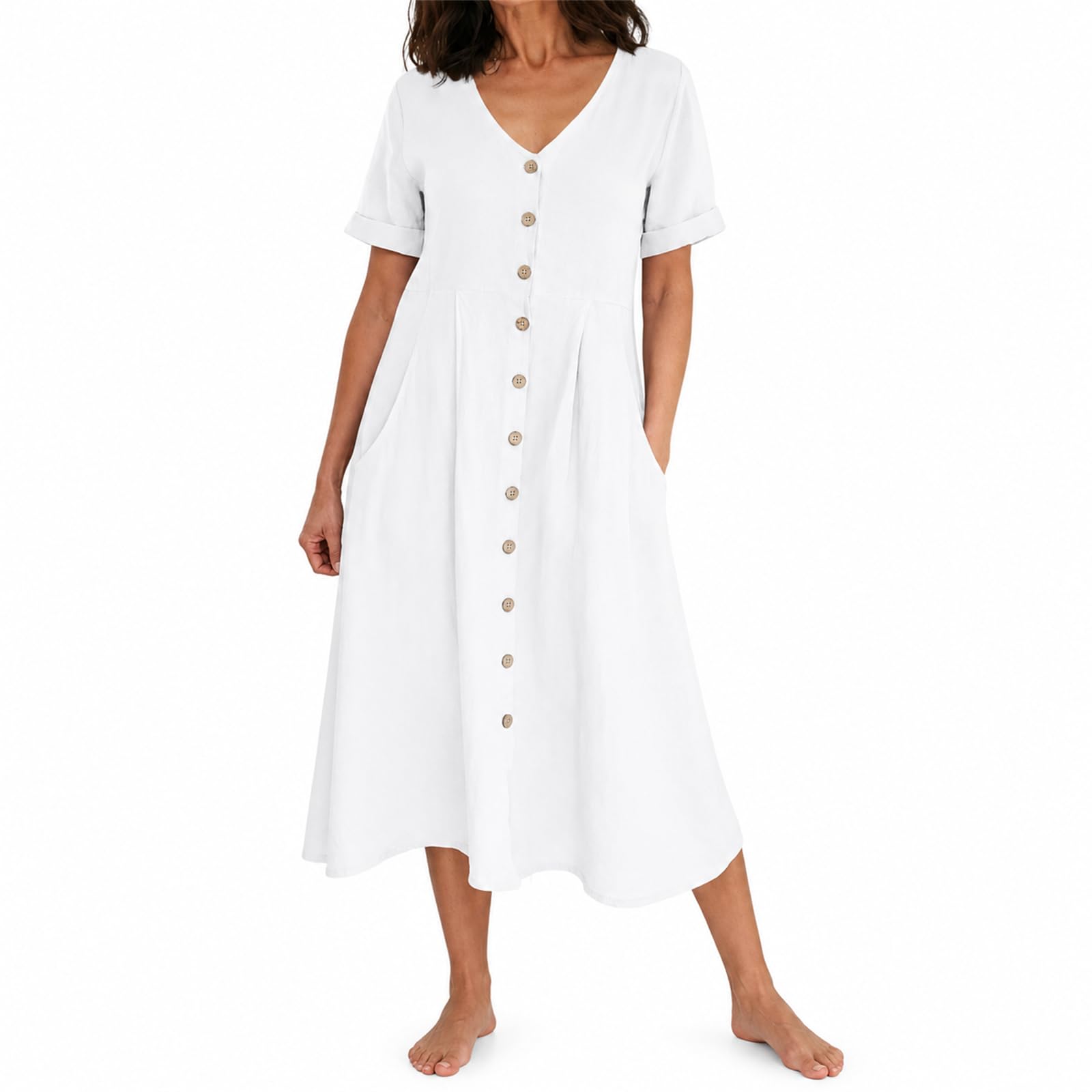 Abito in cotone lino da donna, estivo, con bottoni, scollo a V, maniche