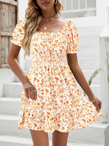 Image of Womens Babydoll Mini Dress Casual Square Neck Short Sleeve Summer Dresses | Empire Waist, Smocked, Flowy, Short Beach Dress, Vacation, Floral, Boho