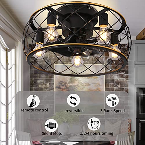 Ohniyou Flush Mount Small Industrial Bladeless Caged Ceiling Fan And Vintage Led Edison Bulbs Low Ceiling Fan Low Profile Farmhouse Ceiling Fan With Lights Remote Control For Living Room Bedroom #TOP4