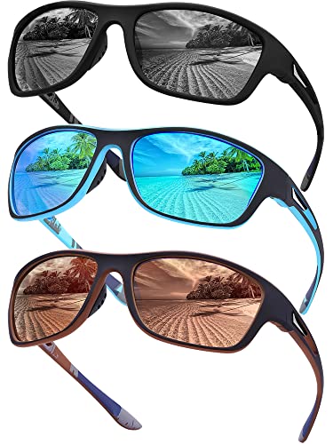 3 Pairs Men’s Polarized Sport Wrap Around Sunglasses UV Protection Shades for Running Fishing Biking Cycling Driving