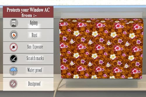 Image of The Furnishing Tree Elastic fit waterproof Polyester window ac cover suitable for Croma 1.5 Ton, Dustproof cover for inner and outer section, In CM: (67.31x66.04x45.72), Floral Pattern Orange