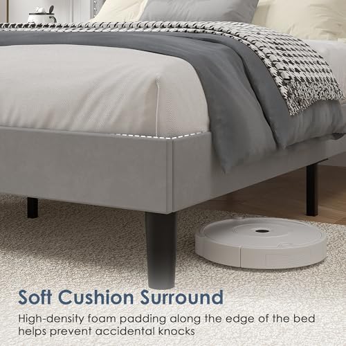 Image of VECELO Queen Size Platform Bed Frame with Height Adjustable Upholstered Headboard, Modern Mattress Foundation,Strong Wood Slat Support, No Box Spring Needed, Easy Assembly,Light Grey