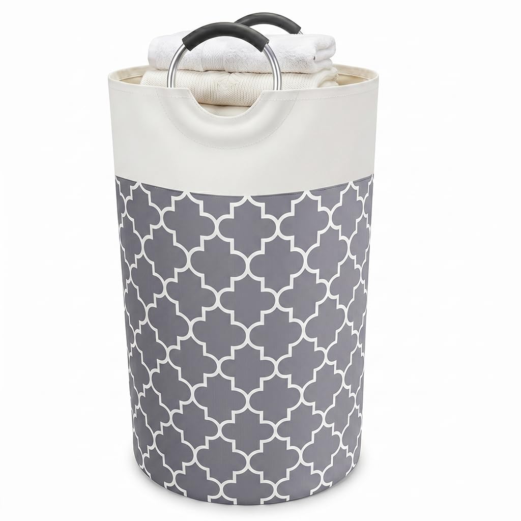 FAIRWAYUK Foldable Laundry Basket - 82L Large Collapsible Laundry Baskets with Strong Handle, Double Layer Strong Fabric Clothes Laundry Hamper Bin Bag, Grey (74x38cm)