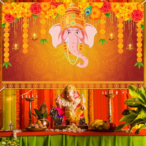 Image of Avezano Indian Pooja Traditional Backdrop Indian Religious Festival Marigold Banner Orange Flower Marriage Hindu Curtain Bridal Shower Wedding Party Decorations Banner (6x3.6ft)