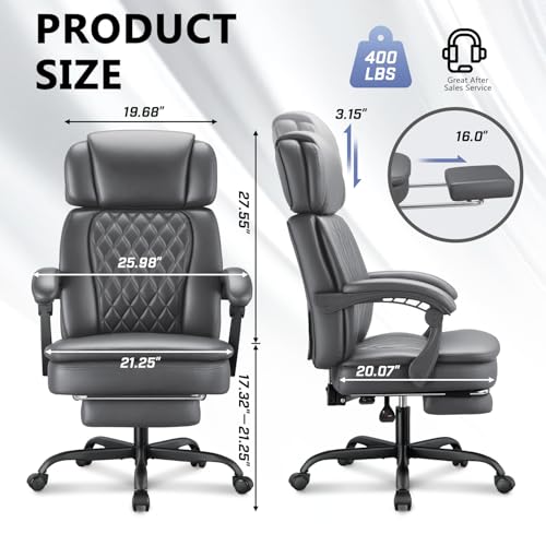 Image of 400lbs Executive Office Chair with Foot Rest for Heavy People, Ergonomic Big and Tall Desk Chair with Adjustable Headrest, High Back PU Leather Comfy Heavy Duty Computer Chair with Spring Cushion