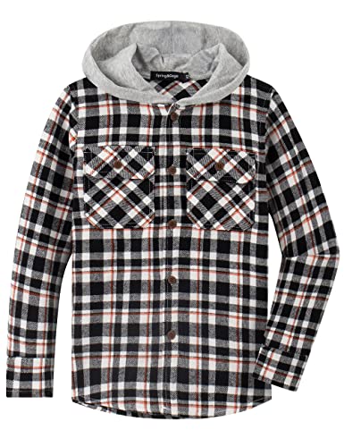 Spring&Gege Camisas de franela con capucha para niños, camisa de cuadros de manga larga con botones (5-14 años), Black/White, 13-14 Años Cover
