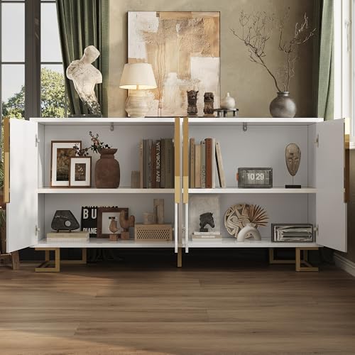 Merax White Sideboard Modern Storage Cabinet, 152X40X75Cm – Geometric Design Cabinet With Gold Handles & Feet, Anti-Tip Device, Adjustable Feet, Living Room Furniture - 3