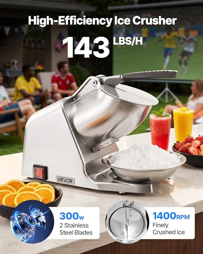 Image of VEVOR Ice Crusher Machine, 143lbs Per Hour Electric 2 Blades Snow Cone Maker, Stainless Steel Shaved Ice Machine with Bowl and Cover, 300W 2000RPM Ice-Shaver for Home and Commercial Use, Silver