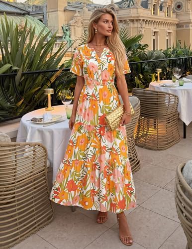 Image of ZESICA Women's 2026 Summer Spring Floral Boho Maxi Dresses Casual Short Sleeve V Neck A Line Flowy Beach Vacation Dress