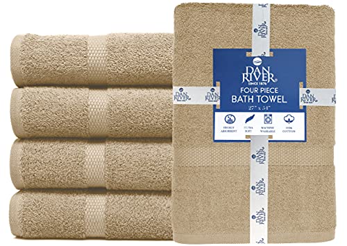 Image of DAN RIVER Bath Towels Set of 4, 27 x 54 Inches, 100% Cotton, Larger & Lighter Weight, Quicker to Dry, Super Soft and Absorbent, Ideal Tan Bath Towels for Daily Use