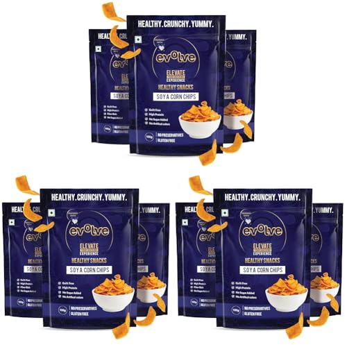Image of Evolve Soya Corn Chips Healthy Snacks for Kids, Adults | Gluten Free, High Protein, Vacuum Cooked, No Preservatives, Delicious Crunchy Snack - 100g Pack of 9