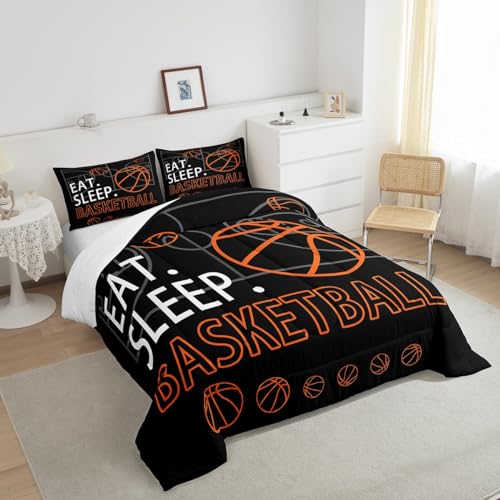 Image of Feelyou Basketball Comforter Set Black Bedding Queen Size for Kids
