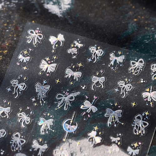 Image of Bow Nail Sticker Decals Star Nail Art Stickers White Silk Bow Knot Nail Art Decals with Design 5D Embossed Self Adhesive Nails Charms for Women Girls Manicure DIY Decoration Supply
