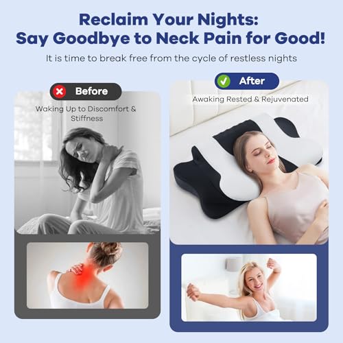 Image of Cervical Neck Pillow for Pain Relief,Cervical Pillow with Memory Foam Ergonomic Pillows with Dual Heights for Back,Stomach and Side Sleepers Kids' Floor Pillows Cushions (Dark Black, Standard 27 inchx16 inch)
