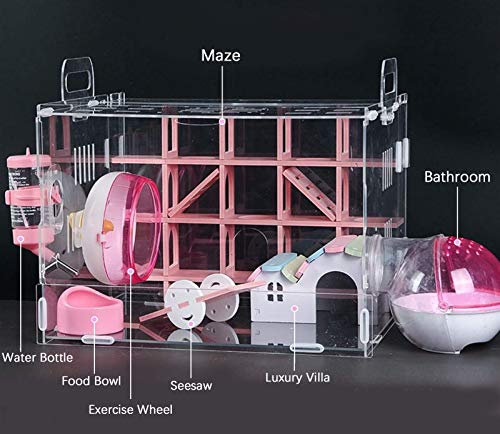 Nynelly Hamster Cage,Transparent Durable Small Animal Cage And Habitats House,Include Hamster Maze,Exercise Wheel, Water Bottle, Hamster Hideout, Food Bowl,Pink,13" L X 11.4" W X 11.4" H #TOP3