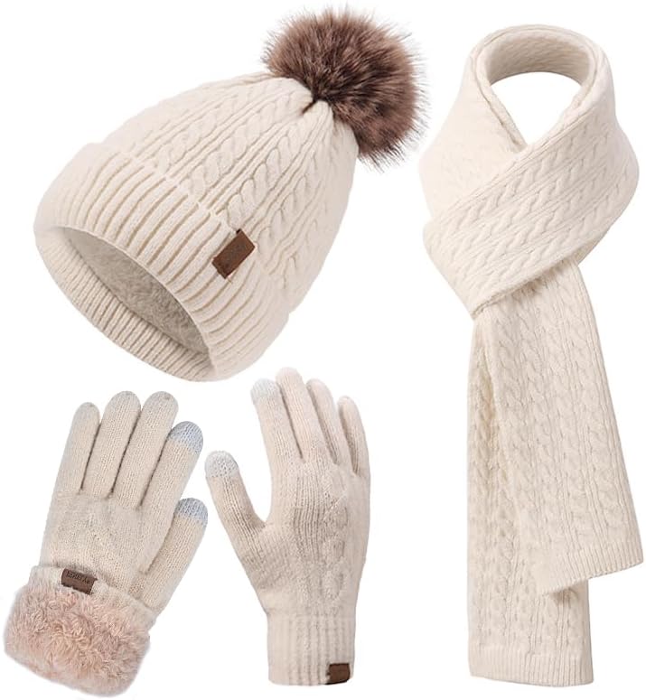 Winter Hat Scarf Gloves Set for Women, Classic Cable Beanie with Removable Pom Pom Long Scarf Touchscreen Gloves 3 in 1 Set