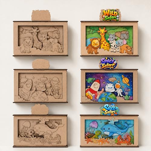 Image of BAGJI TOYS 3D Wooden Painting Kit for Kids Ages 4-8 - DIY Arts & Crafts Set with Dinosaur, Ocean & Jungle Animal Shapes, 12 Paints & 1 Brush - Creative Art Activity, Return Gifts, Birthday Party Favor, Return Gift