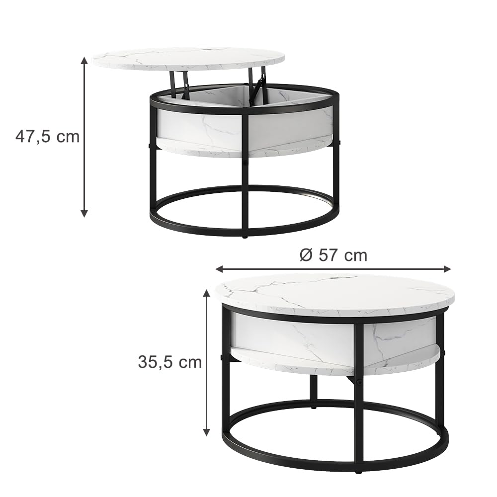 Vicco Mesa Baja Marlo, Mármol Blanco, 57 x 57 cm | con tablero abatible para un uso flexible en el área de estar
