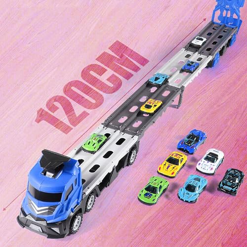 Image of Kidology Car Carrier Truck Toy Set - Mega Hauler Race Track with Ejection - 4 Mini Racing Cars - Folding Storage Truck Toy for Kids - Boys & Girls Toy for 3+ Years Old (Mega Hauler Truck - Blue)