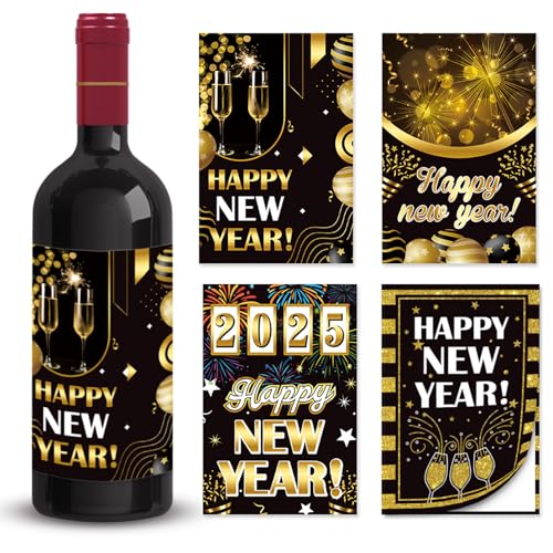 Happy New Year Wine Bottle Labels Stickers 2025 New Years Eve Party Decoration New Years Eve Self Adhesive Wine Bottle Stickers 8 Pcs Wine Bottle Decorations Party Favor for New Year Eve Party
