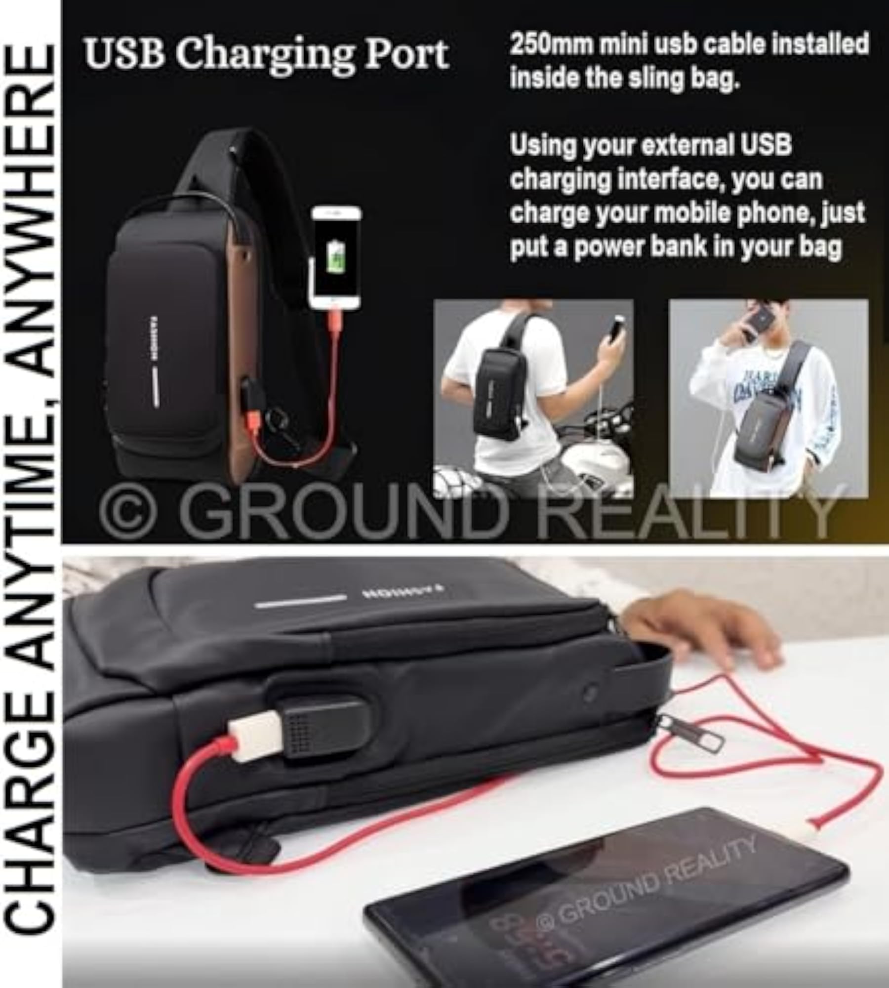 Anti Theft Sling Bag with USB Charging Port for Travel