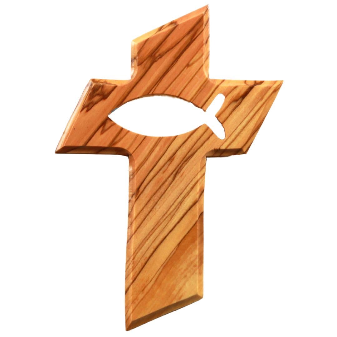 KASSIS Olive Wood Hanging Cross (Fish) – Handmade Wall Cross from Bethlehem – Religious Gift, Wall Decor for Christening, First Communion, Confirmation, Wedding, Housewarming