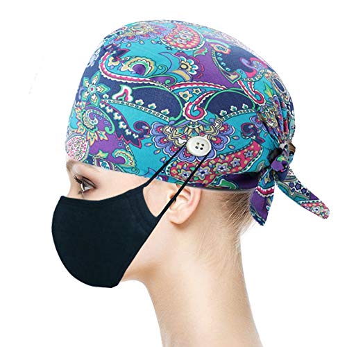 TOSFOGO Upgrade Working Cap with Buttons, Adjustable Working Hat Tie Back Head Cover Headwear Sweatband for Women Men(Navy Blue Dragonfly)