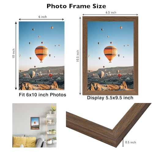 Image of JCJMY 6x10 Picture Frame Brown for Wall Hanging or Tabletop, Wall Mounting Horizontally or Vertically, 6 x 10 Wall Gallery Poster Photo Frame with Shatter Resistant Plexiglass, Brown