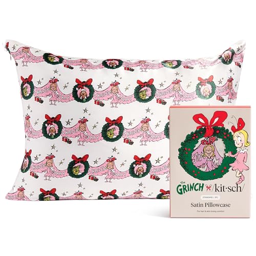 The Grinch x Kitsch Satin Pillowcase with Zipper for Hair & Skin - Softer Than Silk Pillow Cases Cooling Satin Pillow Case Machine Washable Wrinkle-Free Pillow Cases Standard Size 19x26 - Cindy Lou