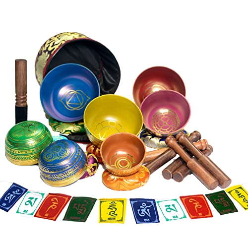 Tibetan Singing Bowl Set Of 7, Authentic 7 Metals, 7 Chakra Colors Mantra Chant Decorated Himalayan...
