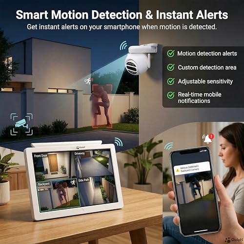 Image of Qidots WC05S Kit 5MP WiFi CCTV Camera System with 10.1 inch Display with NVR | 4 Wireless PTZ Cameras | 2K Video | Two-Way Audio | Motion Detection | Color Night Vision | 8CH NVR | Outdoor Camera