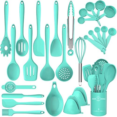 Silicone Cooking Utensils Set, 28Pcs Non-Stick Heat Resistant Kitchen Utensils Spatula Set for Baking, Cooking, and Mixing, Best Kitchen Gadgets Tools, One Piece Design (Green)
